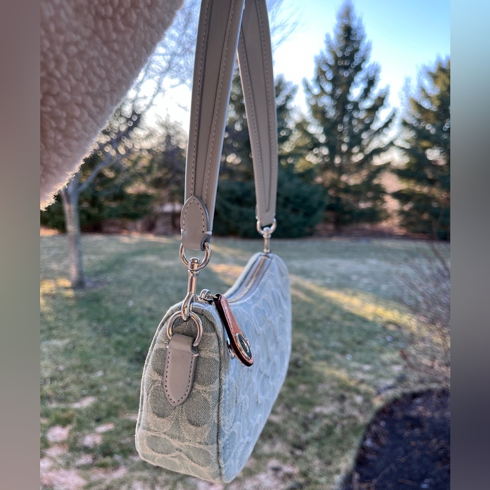 Coach swinger 20 signature denim crossbody bag purse silver blue shoulder bag - Picture 6 of 11